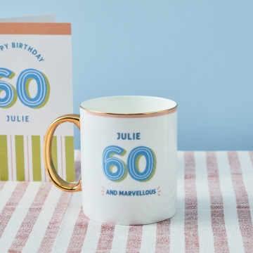 Personalised Modern Milestone 60th Birthday Golden Handle Fine China Mug