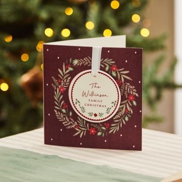Personalised Merry Christmas Wreath Greeting Card & Ceramic Hanging Decoration Set