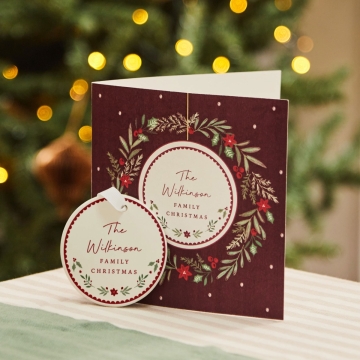 Personalised Merry Christmas Wreath Greeting Card & Ceramic Hanging Decoration Set