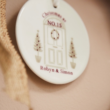 Personalised Christmas Door Greeting Card & Ceramic Hanging Decoration Set
