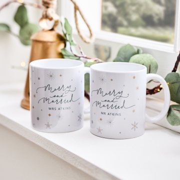 Personalised Merry & Married Set Of Mugs 
