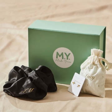 Personalised Black Satin Scrunchie and Bow earring gift set