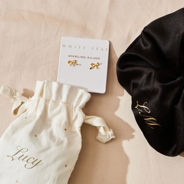 Personalised Black Satin Scrunchie and Bow earring gift set