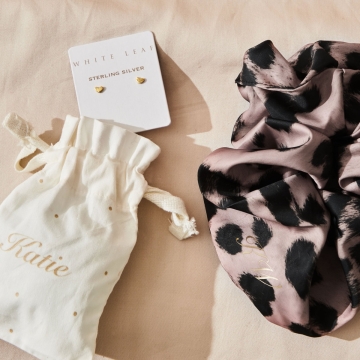 Personalised Leopard print Satin Scrunchie and Heart earring gift set