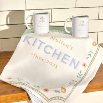 Personalised New Home Housewarming Mugs & Kitchen Tea Towel Gift Set