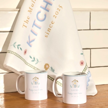 Personalised New Home Housewarming Mugs & Kitchen Tea Towel Gift Set