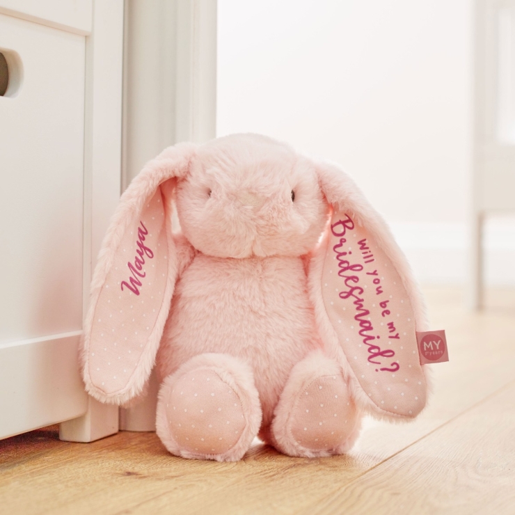 Personalised My 1st Years Be My Bridesmaid Pink Bunny Soft Toy