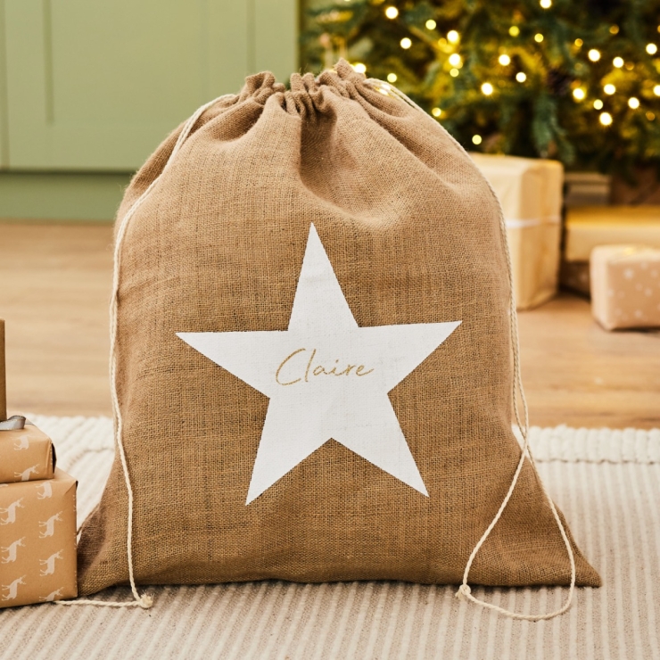 Personalised Hessian Script Font Star Gift Sack 